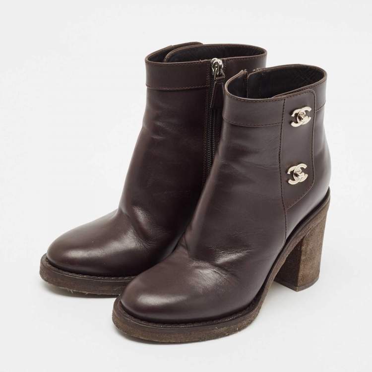 Pre Owned Chanel Dark Brown Leather CC Turn-Lock Block Heel Ankle Boots Size 36
