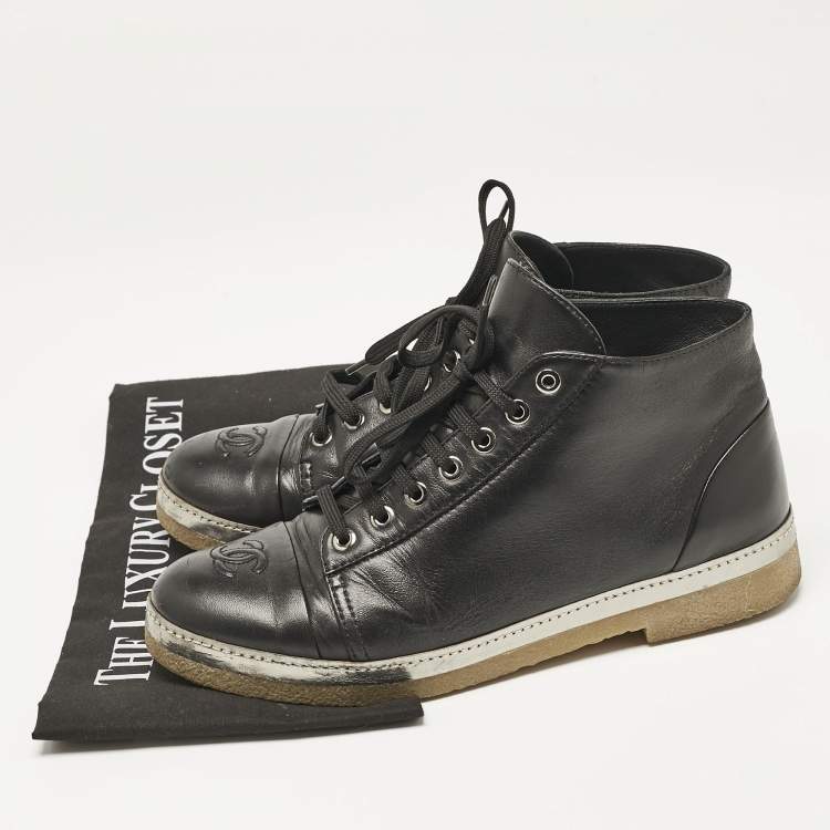 Pre Owned Chanel Black Leather CC Derby Ankle Boots Size 38.5
