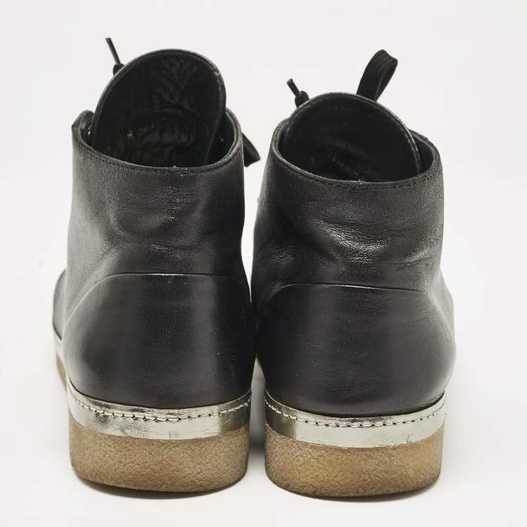 Pre Owned Chanel Black Leather CC Derby Ankle Boots Size 38.5