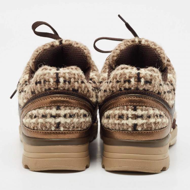 Pre Owned Chanel Dark Brown/Beige Suede and Tweed Low Top Sneakers Size 38.5