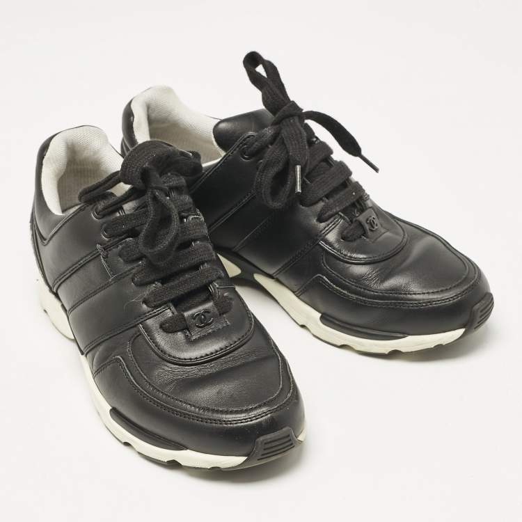 Pre Owned Chanel Black Leather Lace Up Sneakers Size 37.5