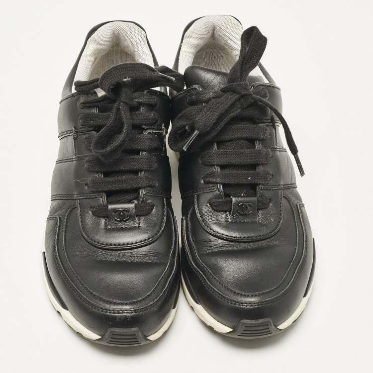Pre Owned Chanel Black Leather Lace Up Sneakers Size 37.5