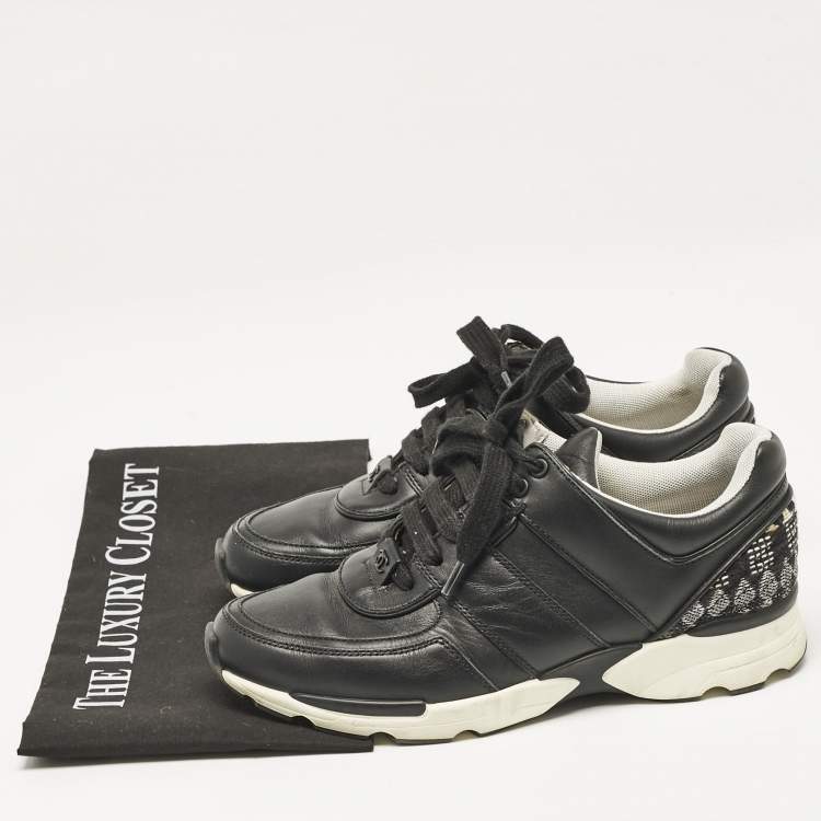 Pre Owned Chanel Black Leather Lace Up Sneakers Size 37.5