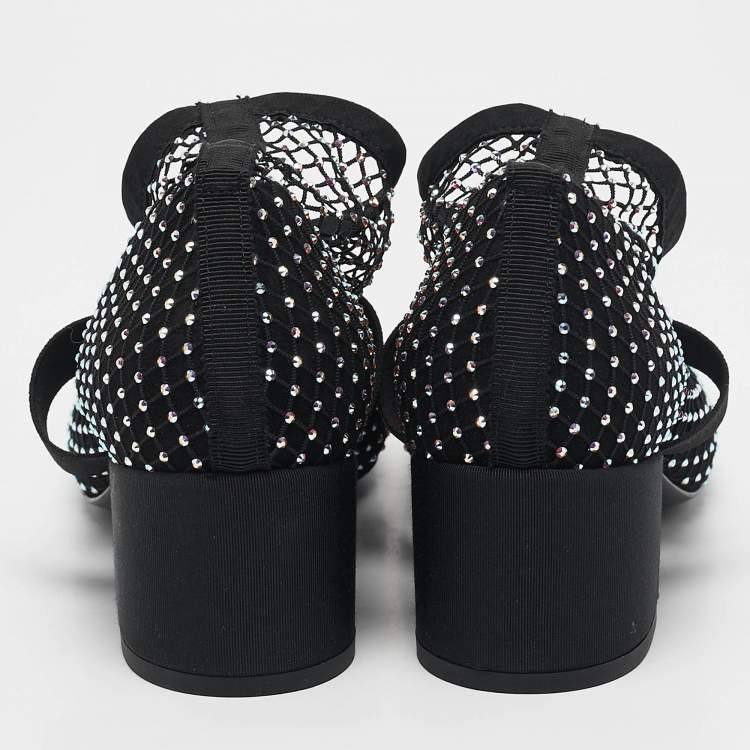 Pre Owned Chanel Black Lace and Patent Leather 23S Crystal Embellished Sock Boots Size 37