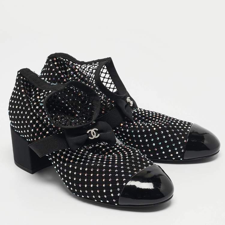 Pre Owned Chanel Black Lace and Patent Leather 23S Crystal Embellished Sock Boots Size 37