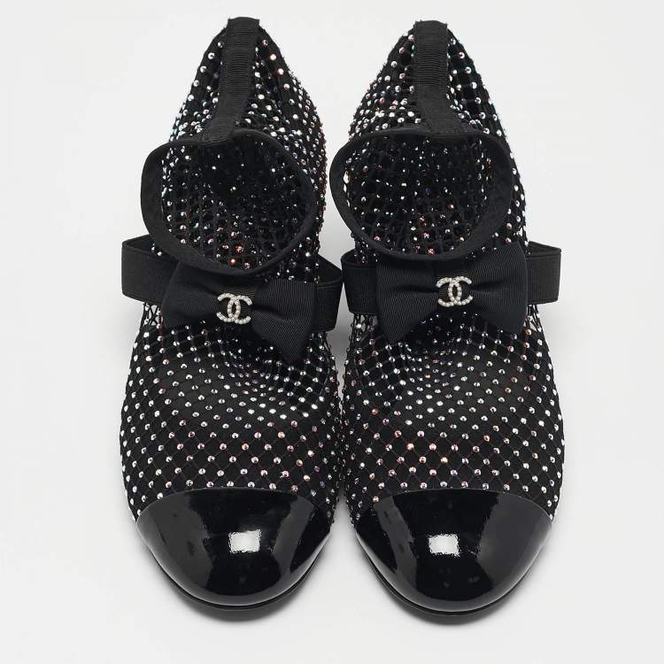Pre Owned Chanel Black Lace and Patent Leather 23S Crystal Embellished Sock Boots Size 37