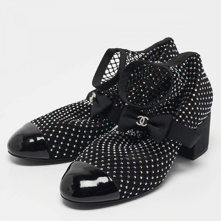 Pre Owned Chanel Black Lace and Patent Leather 23S Crystal Embellished Sock Boots Size 37