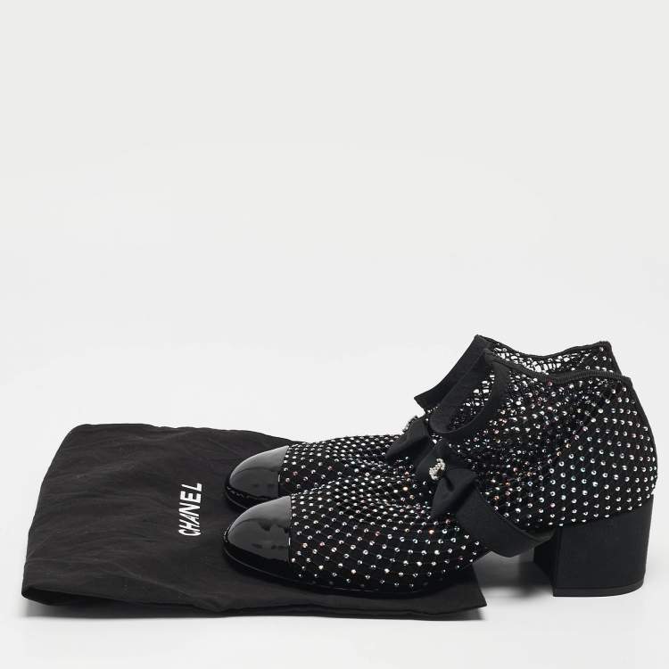 Pre Owned Chanel Black Lace and Patent Leather 23S Crystal Embellished Sock Boots Size 37