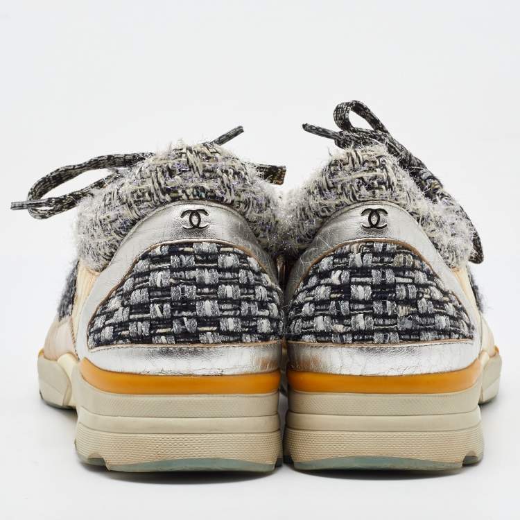 Pre Owned Chanel Gold/Grey Leather and Tweed CC Low Top Sneakers Size 41.5