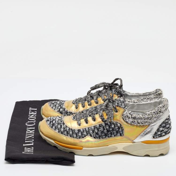 Pre Owned Chanel Gold/Grey Leather and Tweed CC Low Top Sneakers Size 41.5