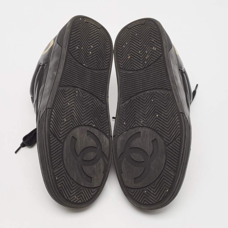 Pre Owned Chanel Black Leather Perforated CC Lace Up Sneakers Size 38