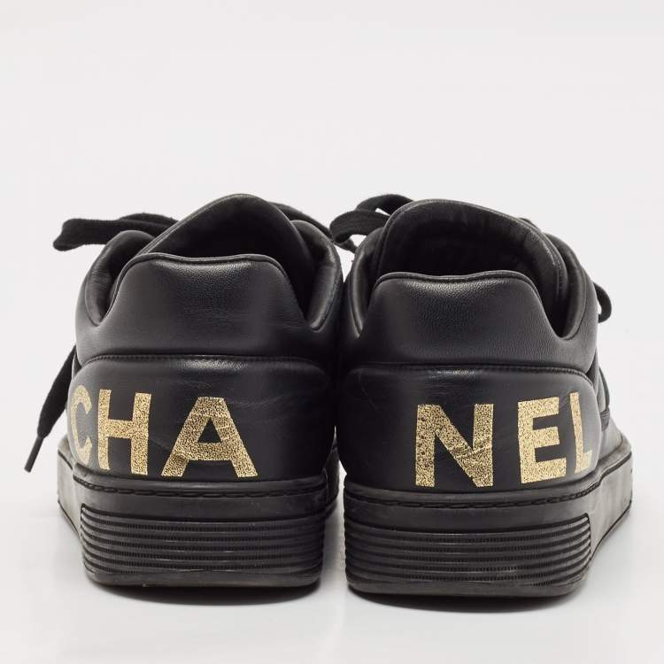 Pre Owned Chanel Black Leather Perforated CC Lace Up Sneakers Size 38