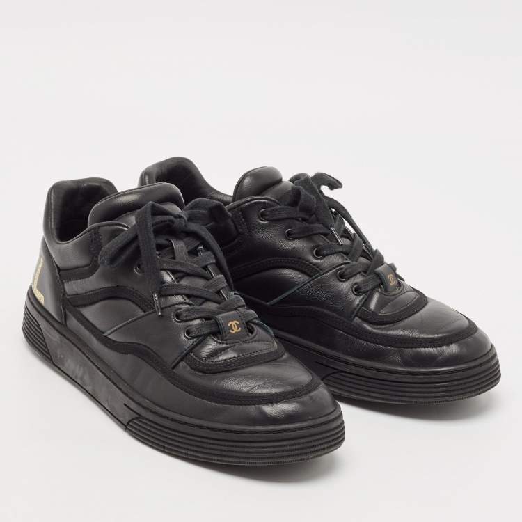 Pre Owned Chanel Black Leather Perforated CC Lace Up Sneakers Size 38