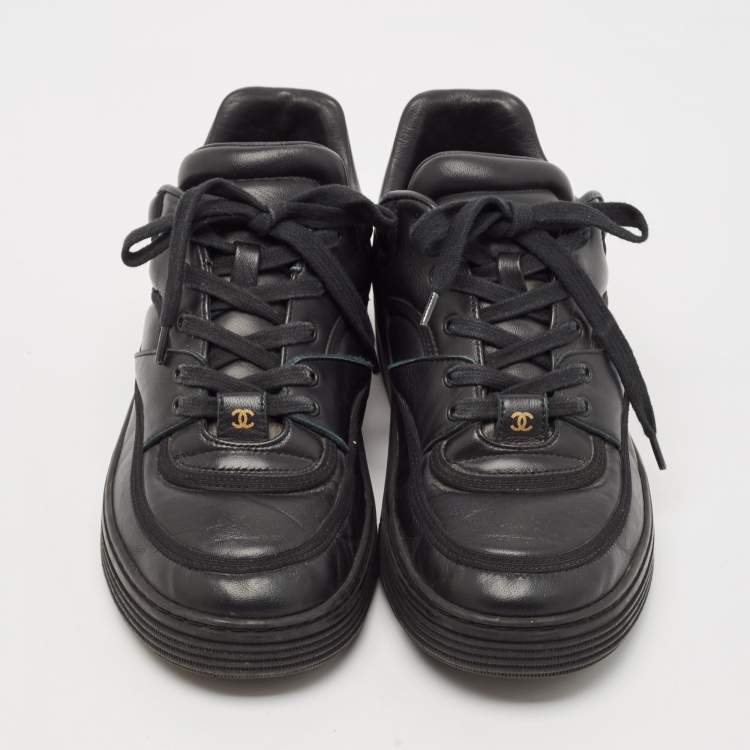 Pre Owned Chanel Black Leather Perforated CC Lace Up Sneakers Size 38