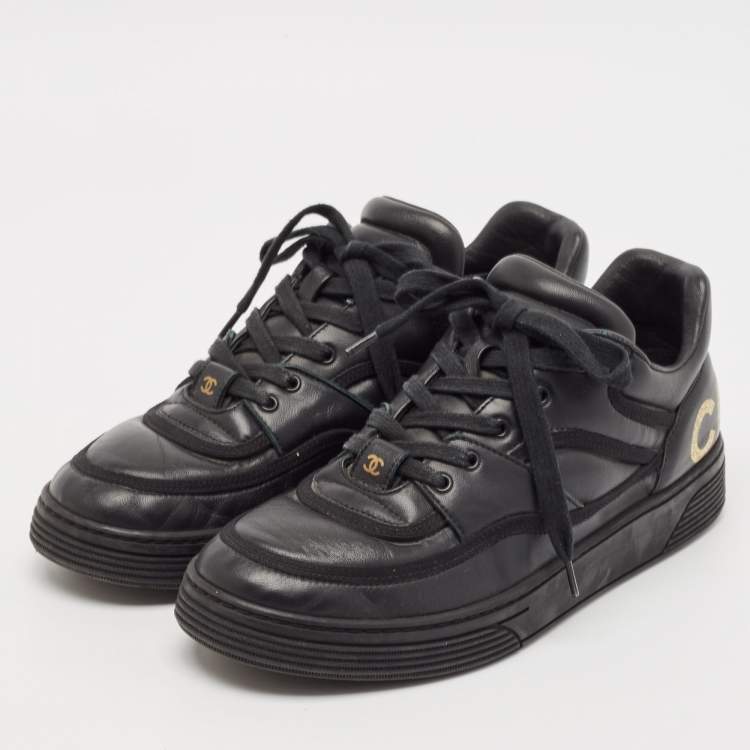 Pre Owned Chanel Black Leather Perforated CC Lace Up Sneakers Size 38