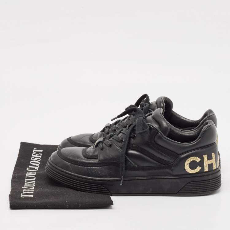 Pre Owned Chanel Black Leather Perforated CC Lace Up Sneakers Size 38