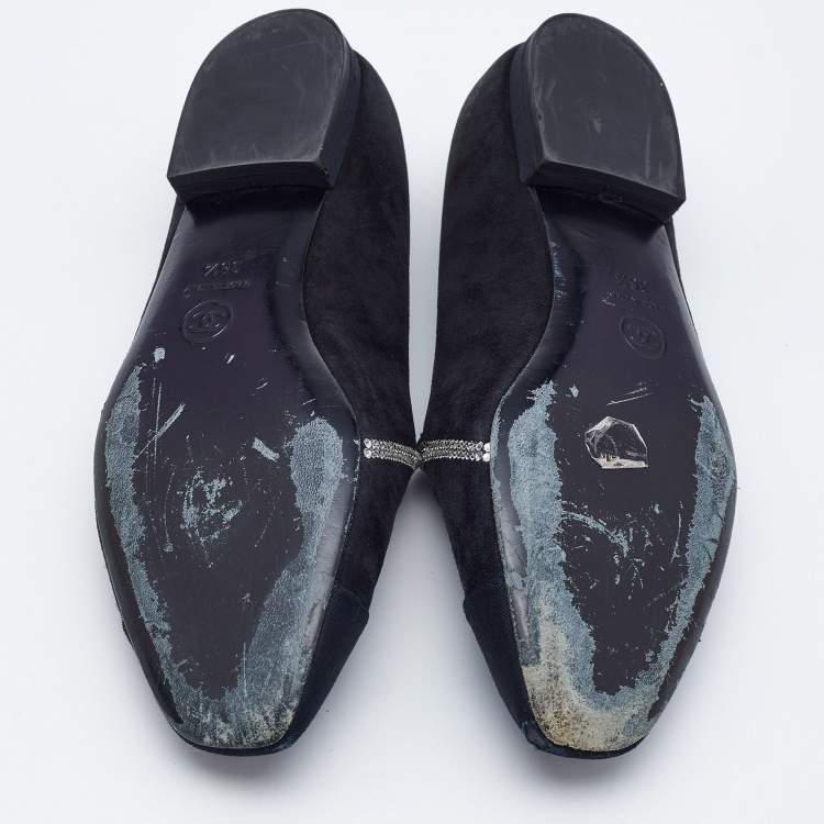 Pre Owned Chanel Black Canvas and Suede Star and Crystal Embellished Ballet Flats Size 36.5