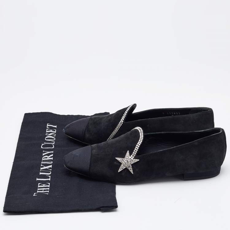 Pre Owned Chanel Black Canvas and Suede Star and Crystal Embellished Ballet Flats Size 36.5