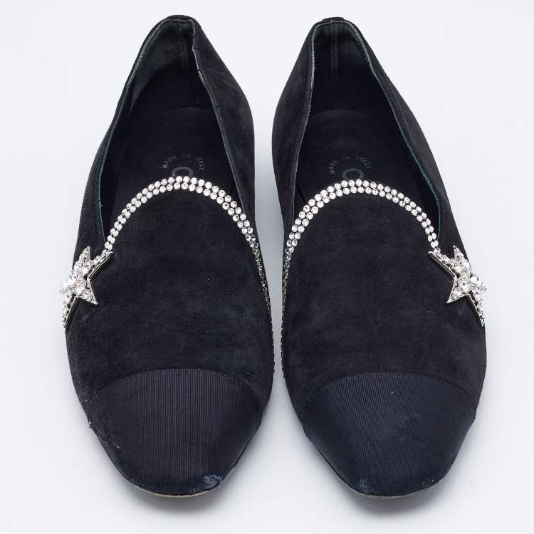 Pre Owned Chanel Black Canvas and Suede Star and Crystal Embellished Ballet Flats Size 36.5