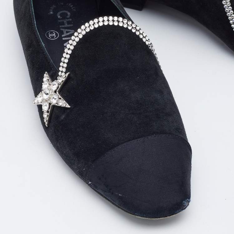 Pre Owned Chanel Black Canvas and Suede Star and Crystal Embellished Ballet Flats Size 36.5