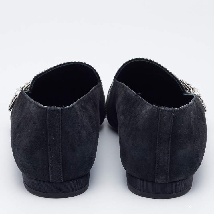 Pre Owned Chanel Black Canvas and Suede Star and Crystal Embellished Ballet Flats Size 36.5
