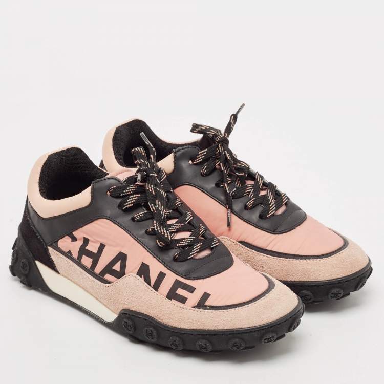 Pre Owned Chanel Multicolor Nylon and Suede Logo Lace Up Sneakers Size 37.5