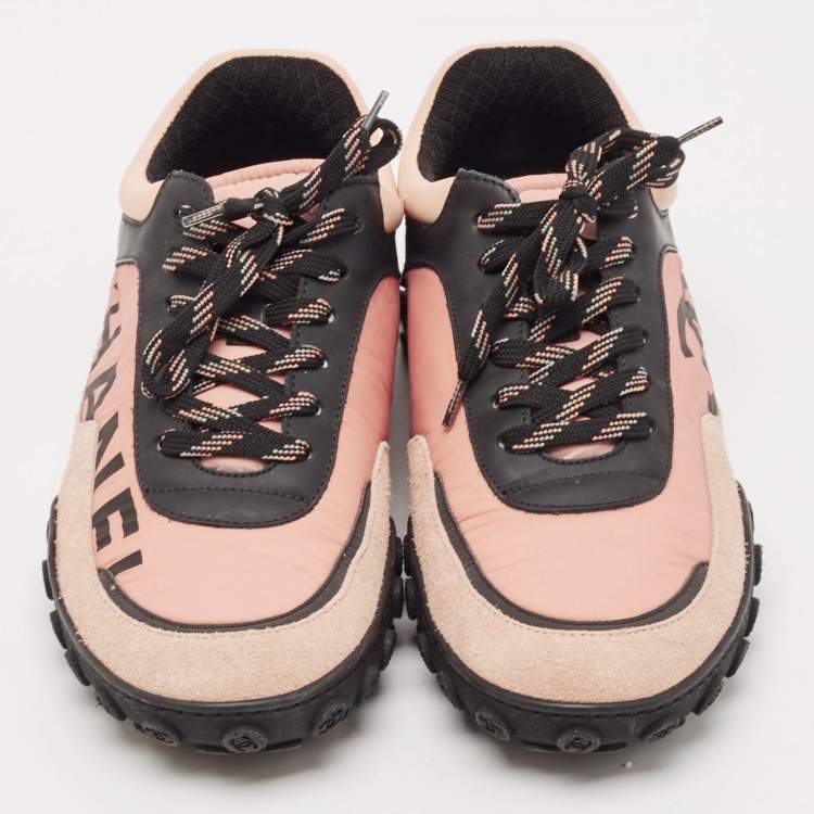 Pre Owned Chanel Multicolor Nylon and Suede Logo Lace Up Sneakers Size 37.5