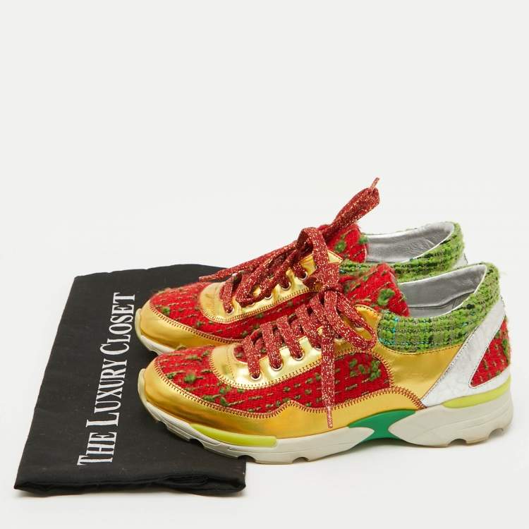 Pre Owned Chanel Multicolor Tweed Fabric and Leather CC Lace Up Sneakers Size 37