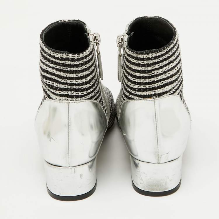 Pre Owned Chanel Silver/Black Leather and Tweed Ankle Length Boots Size 35.5