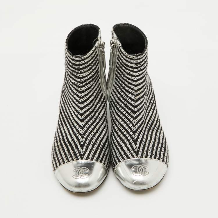 Pre Owned Chanel Silver/Black Leather and Tweed Ankle Length Boots Size 35.5