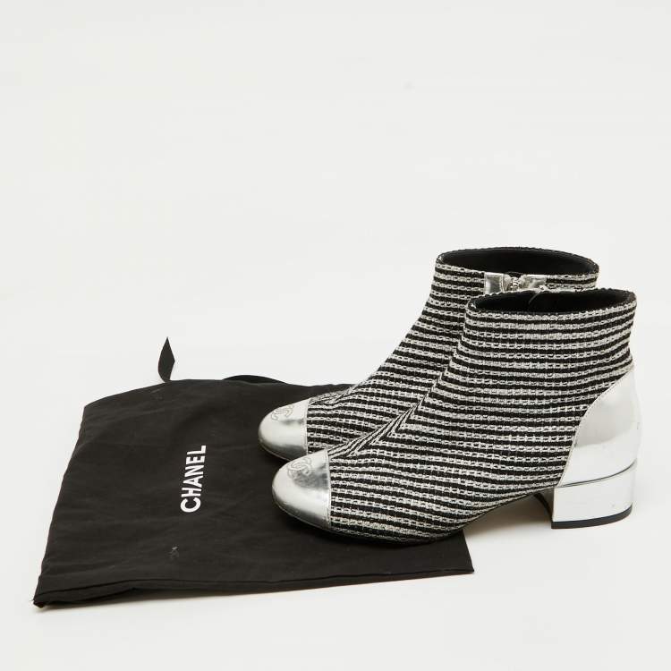 Pre Owned Chanel Silver/Black Leather and Tweed Ankle Length Boots Size 35.5