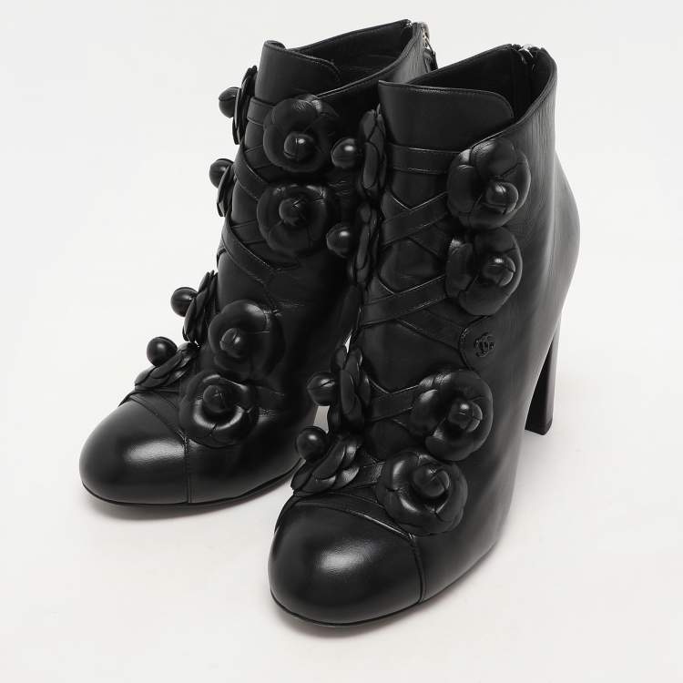 Pre Owned Chanel Black Leather Camellia Block Heel Ankle Boots Size 39