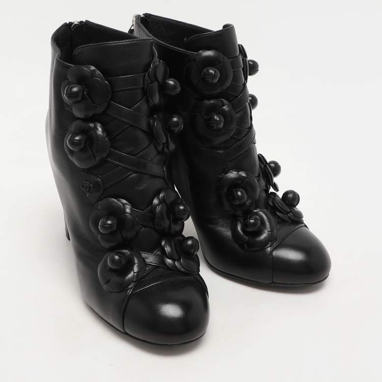 Pre Owned Chanel Black Leather Camellia Block Heel Ankle Boots Size 39