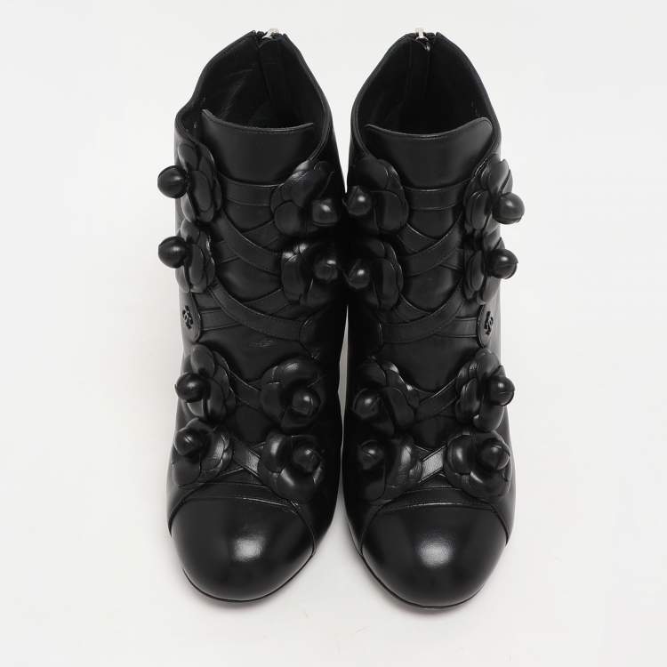 Pre Owned Chanel Black Leather Camellia Block Heel Ankle Boots Size 39