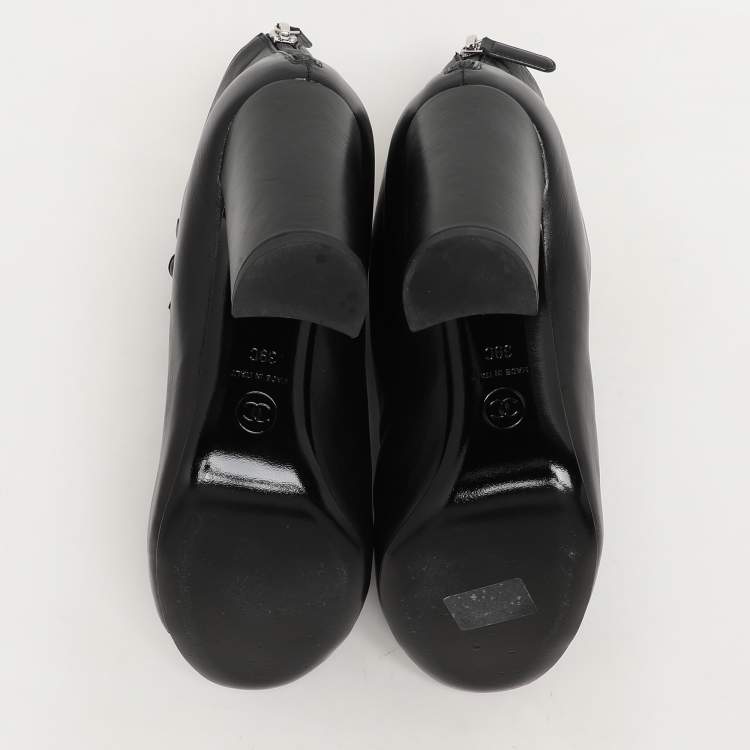 Pre Owned Chanel Black Leather Camellia Block Heel Ankle Boots Size 39