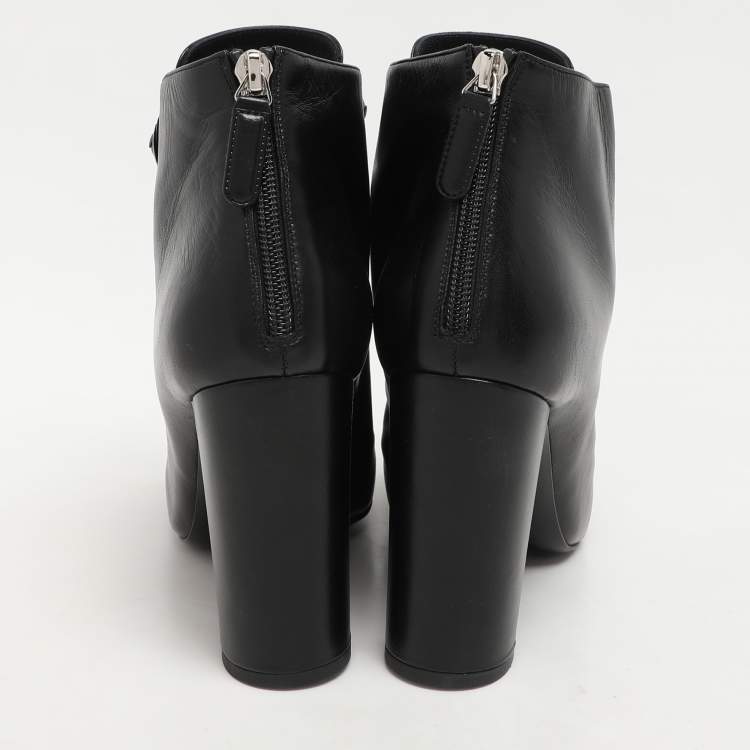 Pre Owned Chanel Black Leather Camellia Block Heel Ankle Boots Size 39