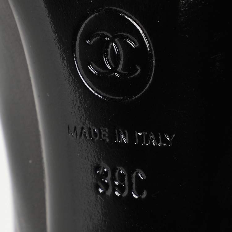 Pre Owned Chanel Black Leather Camellia Block Heel Ankle Boots Size 39