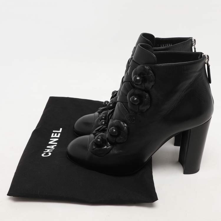 Pre Owned Chanel Black Leather Camellia Block Heel Ankle Boots Size 39