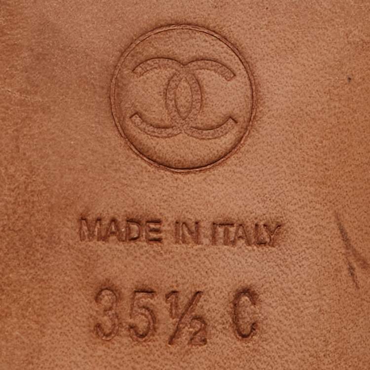 Pre Owned Chanel Beige/Black Canvas Cap Toe Slingback Flat Sandals Size 35.5