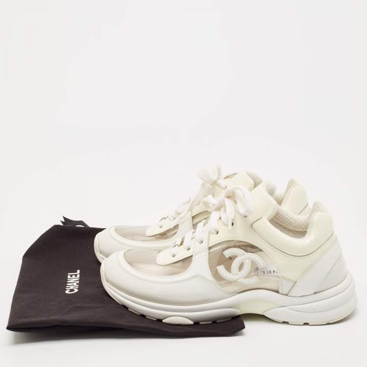 Pre Owned Chanel Off White Patent Leather and PVC CC Low Top Sneakers Size 36