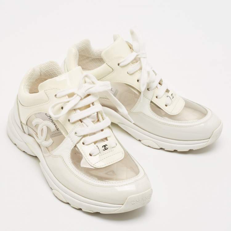Pre Owned Chanel Off White Patent Leather and PVC CC Low Top Sneakers Size 36