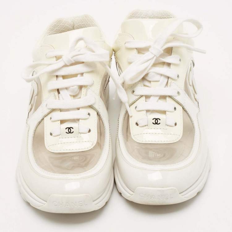 Pre Owned Chanel Off White Patent Leather and PVC CC Low Top Sneakers Size 36