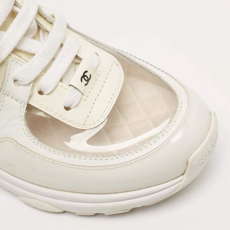 Pre Owned Chanel Off White Patent Leather and PVC CC Low Top Sneakers Size 36