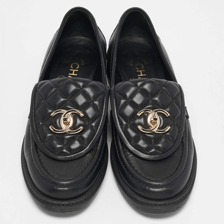 Pre Owned Chanel Black Quilted Leather CC Turnlock Loafers Size 36