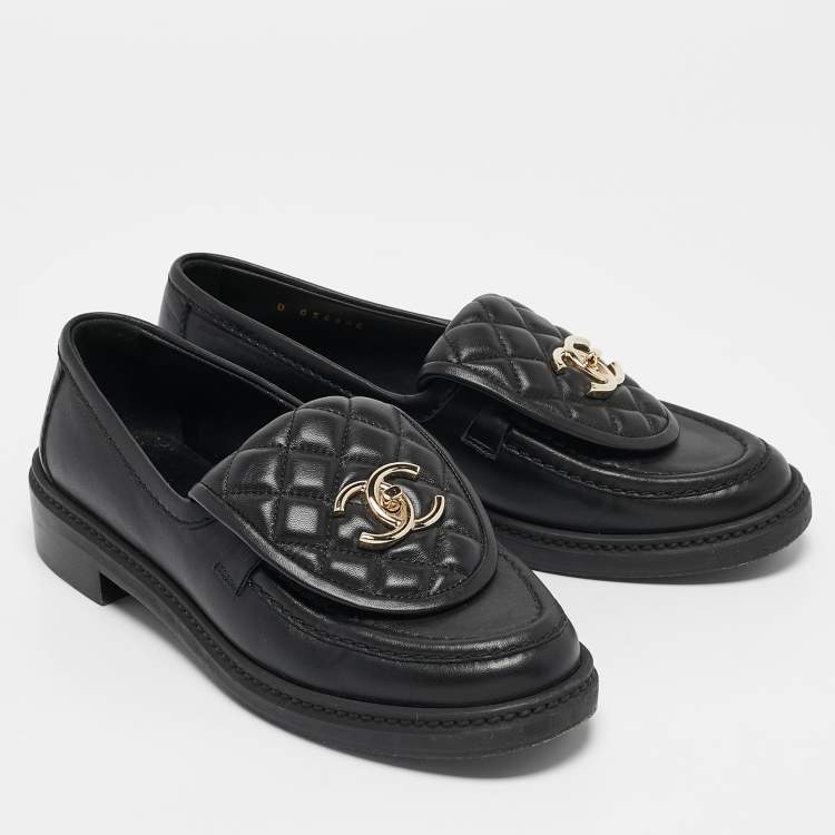 Pre Owned Chanel Black Quilted Leather CC Turnlock Loafers Size 36