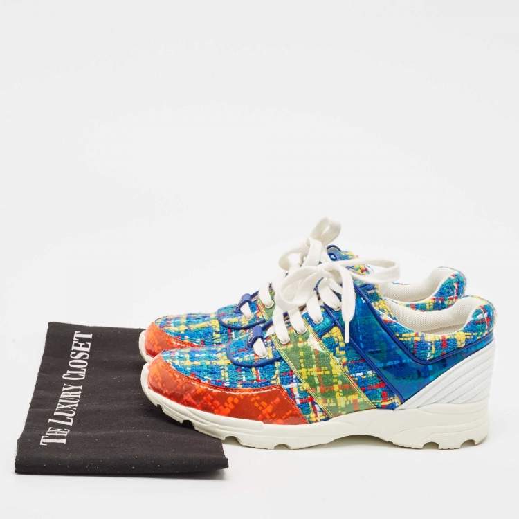 Pre Owned Chanel Multicolor Tweed Fabric And PVC Lace Up Sneakers Size 39.5