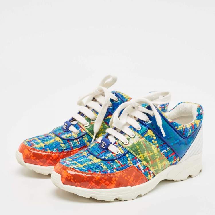 Pre Owned Chanel Multicolor Tweed Fabric And PVC Lace Up Sneakers Size 39.5