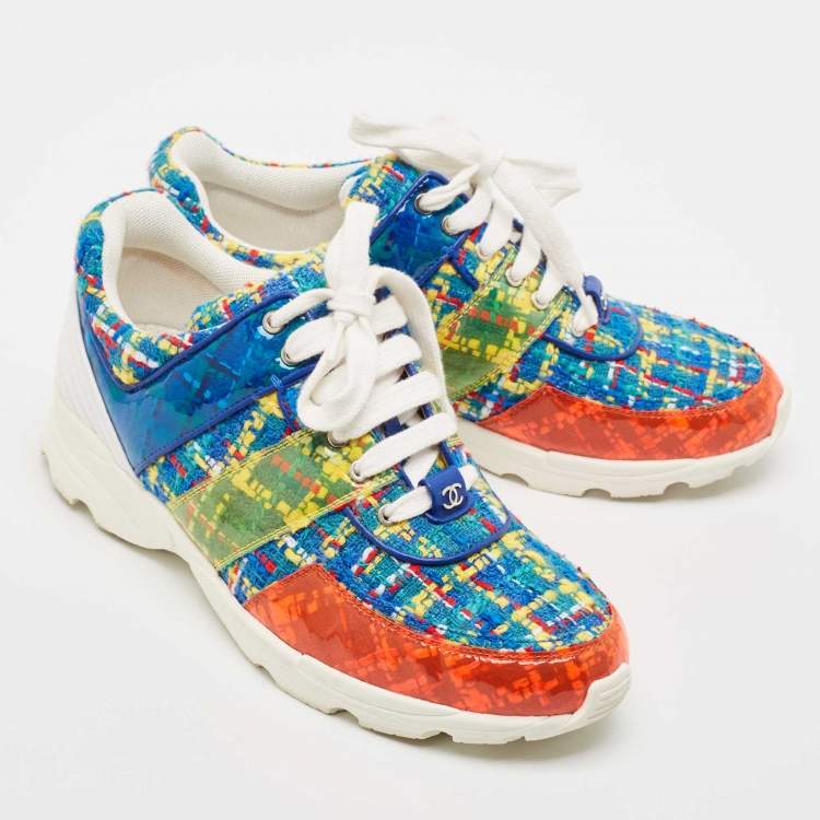 Pre Owned Chanel Multicolor Tweed Fabric And PVC Lace Up Sneakers Size 39.5