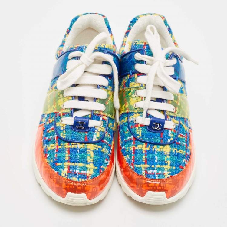Pre Owned Chanel Multicolor Tweed Fabric And PVC Lace Up Sneakers Size 39.5