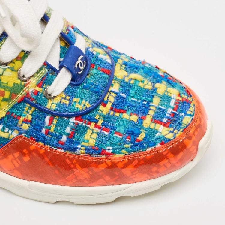 Pre Owned Chanel Multicolor Tweed Fabric And PVC Lace Up Sneakers Size 39.5